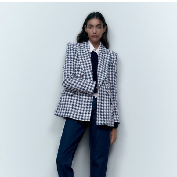 Zara Blue Double Breasted Houndstooth Blazer size S  academia preppy old money - Picture 6 of 13